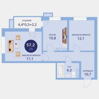 Продается 2-х комнатная квартира, 57,4 м²