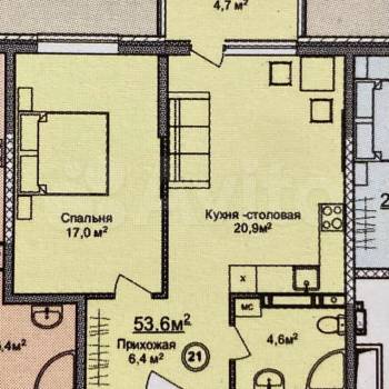Продается 1-комнатная квартира, 53,6 м²