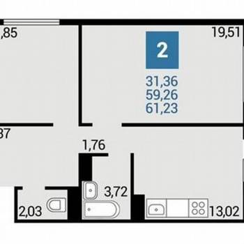 Продается 2-х комнатная квартира, 61,2 м²