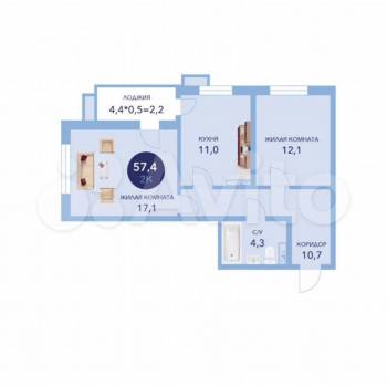 Продается 2-х комнатная квартира, 57,2 м²