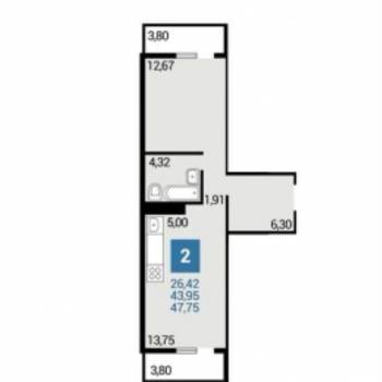 Продается 1-комнатная квартира, 44 м²