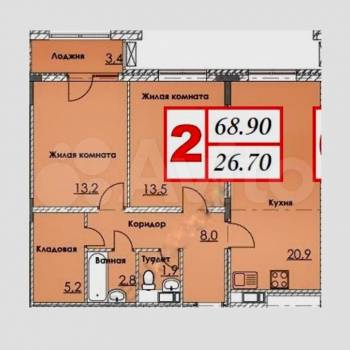 Продается 2-х комнатная квартира, 68,9 м²
