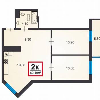 Продается 2-х комнатная квартира, 60,4 м²