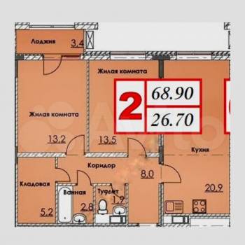Продается 2-х комнатная квартира, 68,9 м²