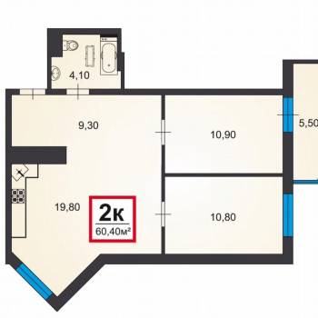 Продается 2-х комнатная квартира, 60,4 м²