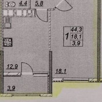 Продается 1-комнатная квартира, 46,4 м²