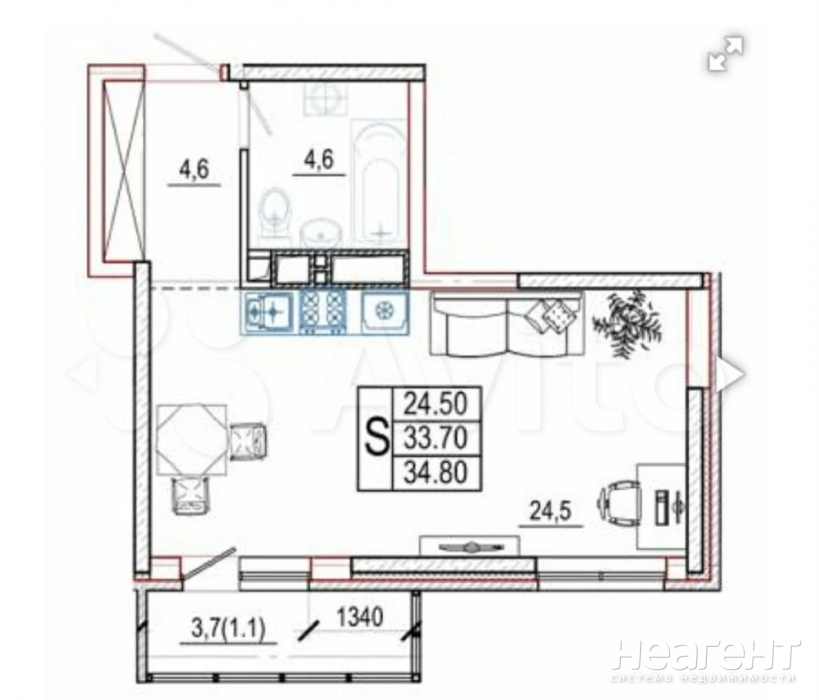 Продается 1-комнатная квартира, 35 м²