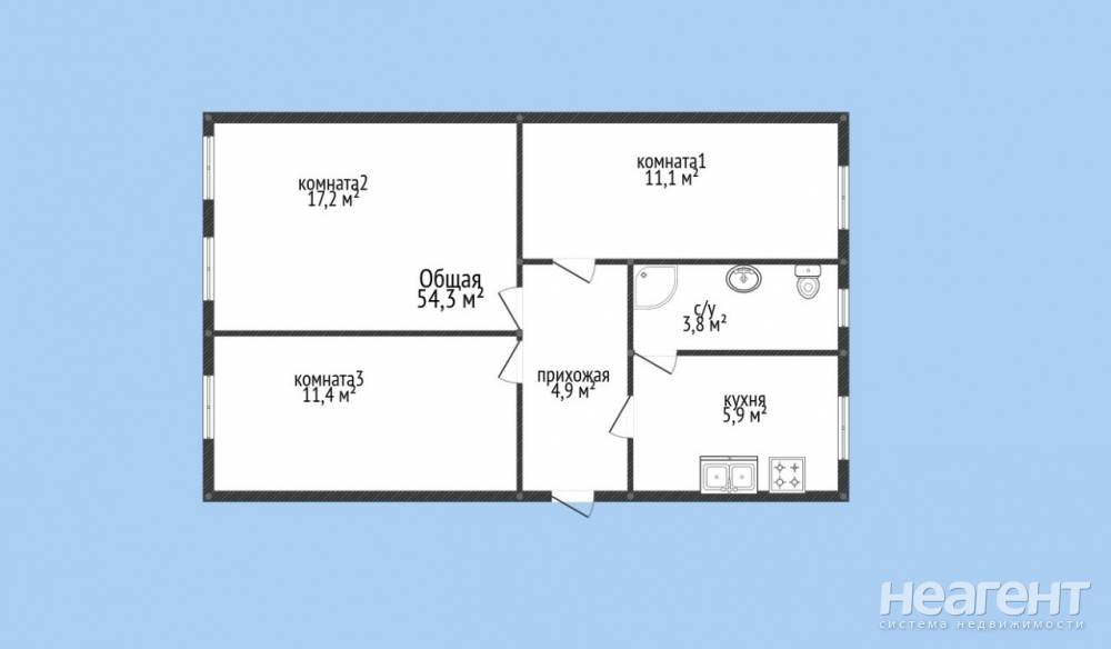 Продается 3-х комнатная квартира, 55 м²