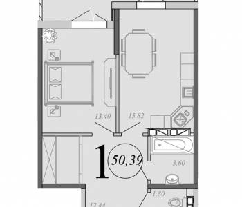 Продается 1-комнатная квартира, 50,4 м²