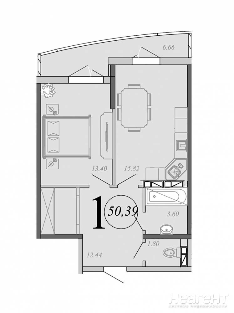 Продается 1-комнатная квартира, 50,4 м²