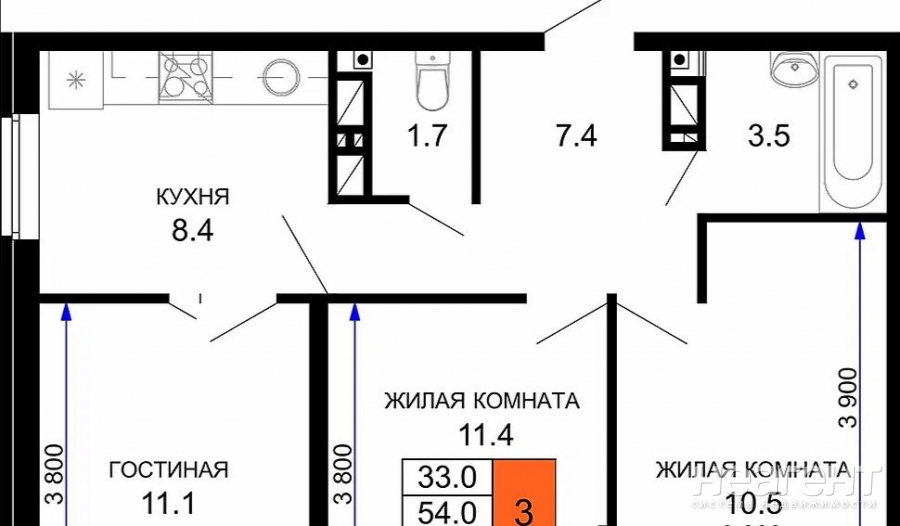 Продается 3-х комнатная квартира, 55 м²