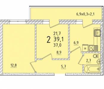 Продается 2-х комнатная квартира, 39,1 м²