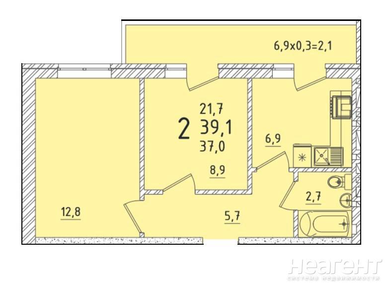 Продается 2-х комнатная квартира, 39,1 м²