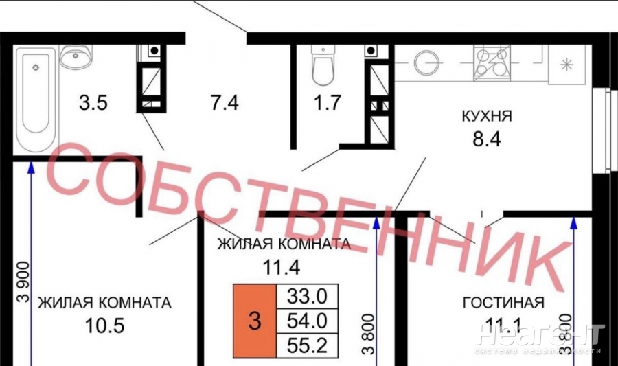 Сдается Многокомнатная квартира, 55,2 м²