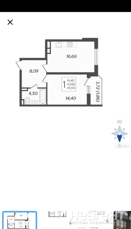 Продается 1-комнатная квартира, 45,54 м²