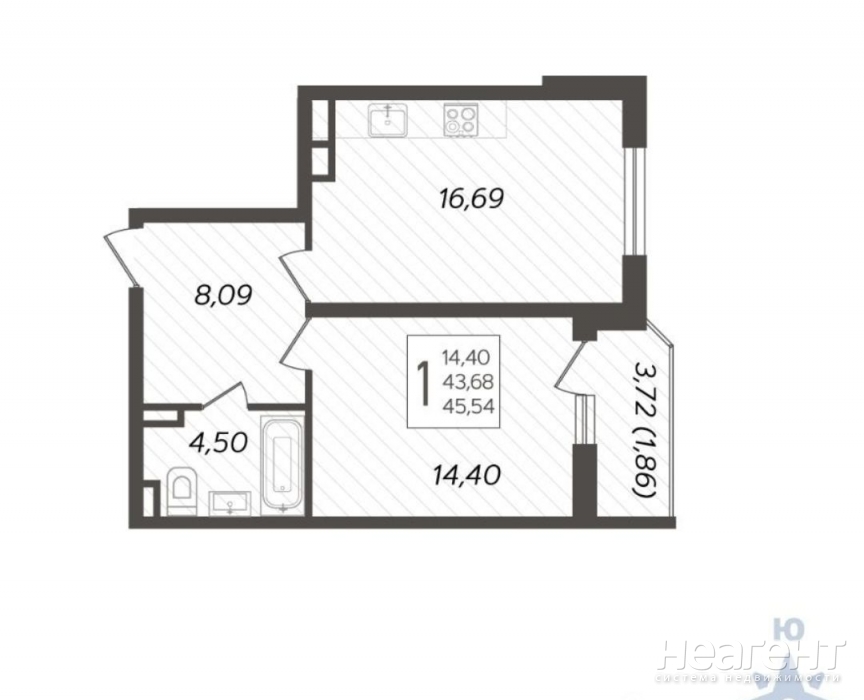 Продается 1-комнатная квартира, 45,54 м²