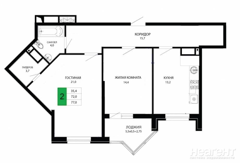 Продается 2-х комнатная квартира, 77 м²