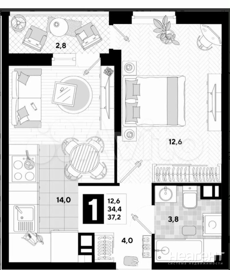 Продается 1-комнатная квартира, 37 м²