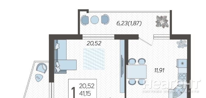 Продается 1-комнатная квартира, 44,87 м²