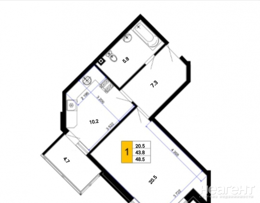 Продается 1-комнатная квартира, 49 м²