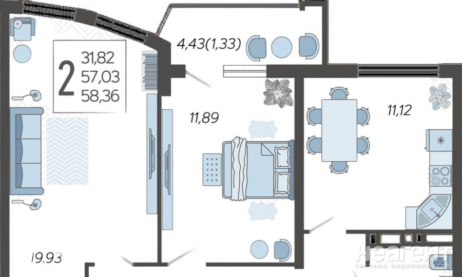 Продается 2-х комнатная квартира, 58,36 м²