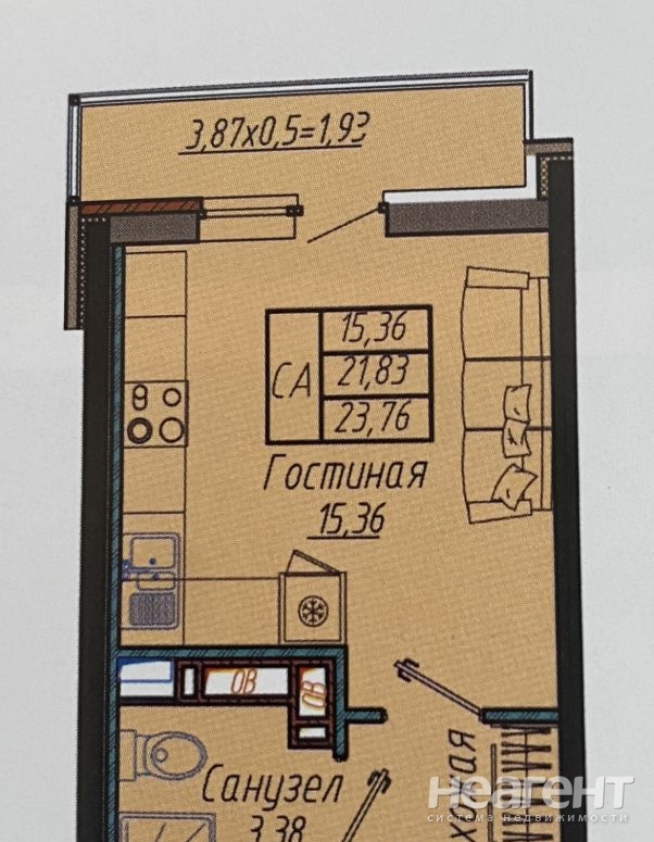 Продается 1-комнатная квартира, 23,76 м²