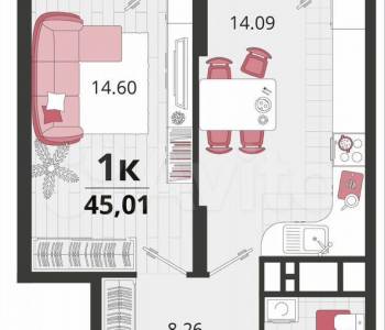 Продается 1-комнатная квартира, 44,4 м²