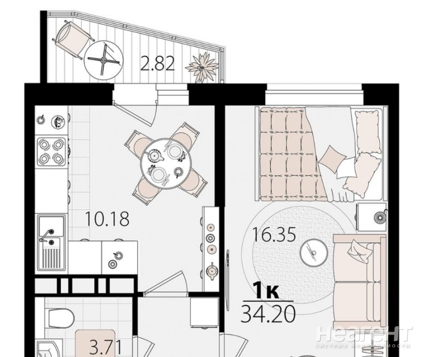 Продается 1-комнатная квартира, 34,2 м²