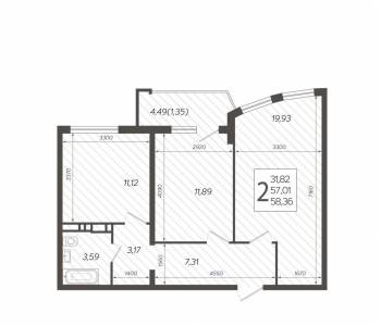 Продается 2-х комнатная квартира, 58,36 м²