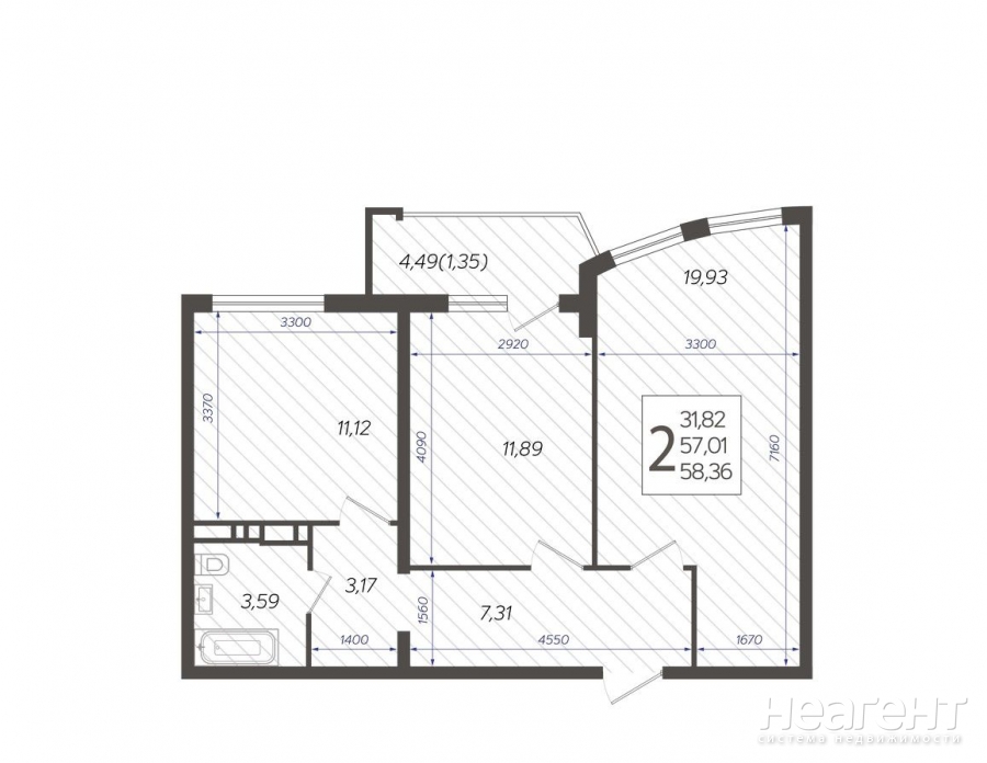 Продается 2-х комнатная квартира, 58,36 м²