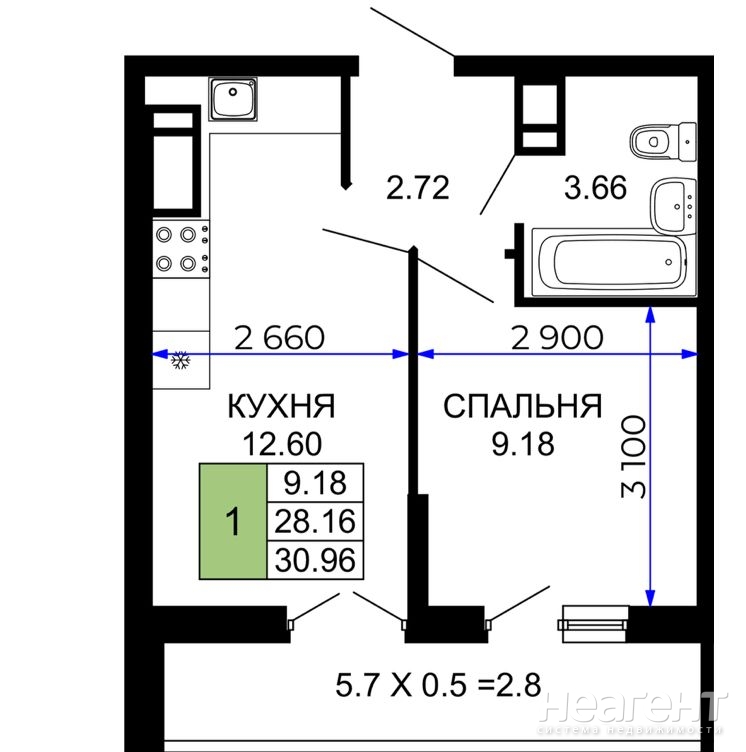 Продается 1-комнатная квартира, 30,96 м²