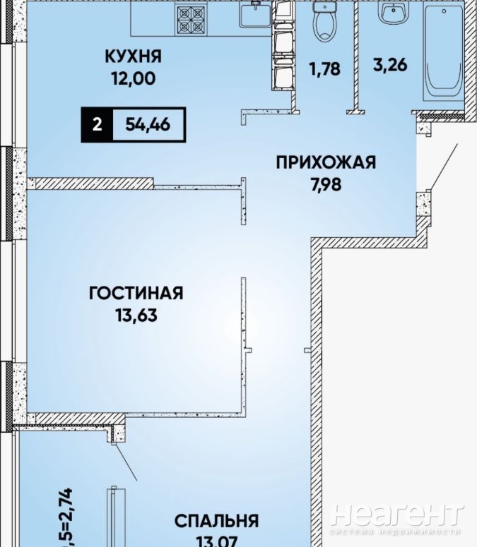 Сдается 2-х комнатная квартира, 55 м²