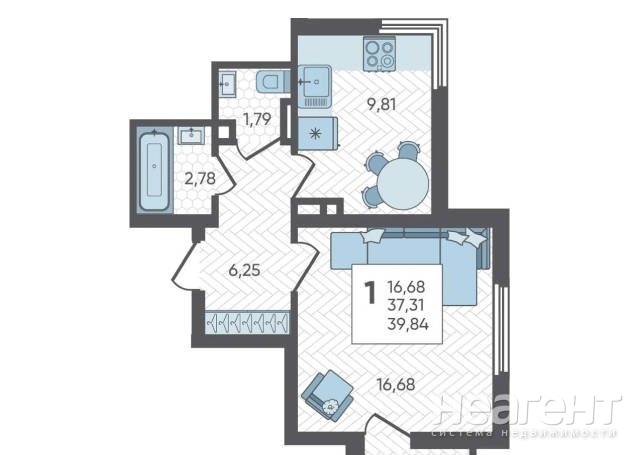 Продается 1-комнатная квартира, 39,48 м²