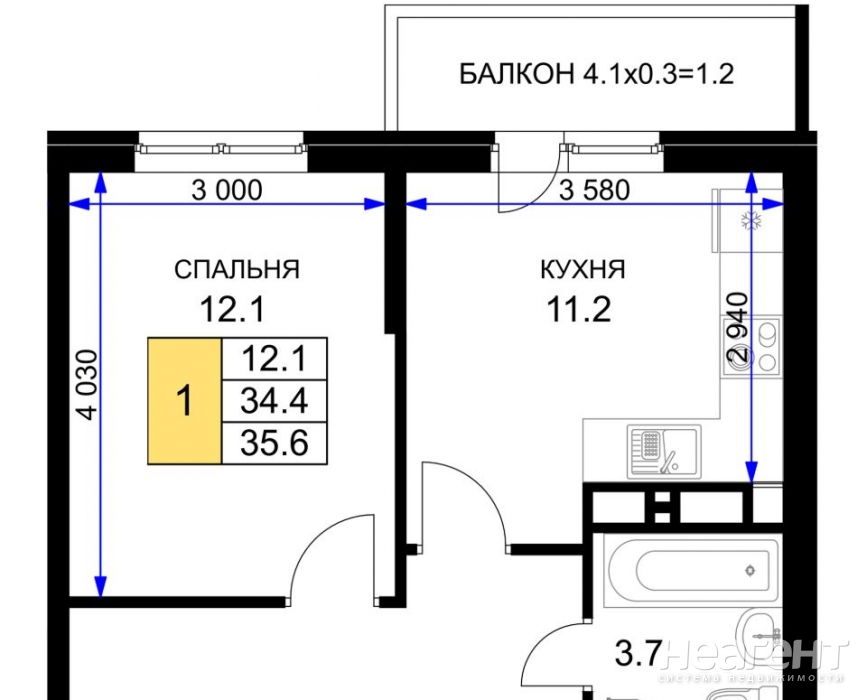 Продается 1-комнатная квартира, 35,6 м²