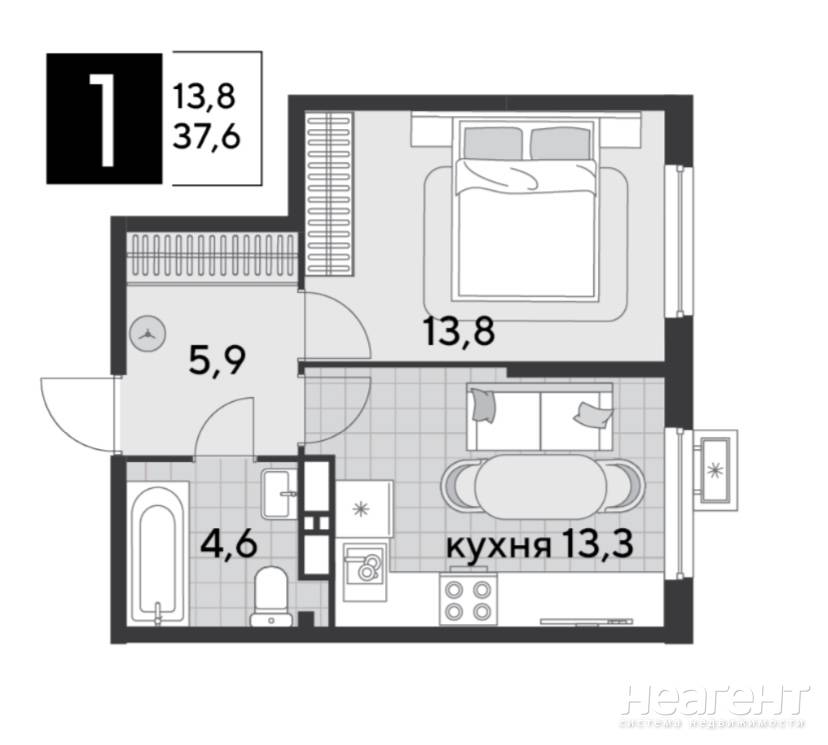 Продается 1-комнатная квартира, 37,6 м²