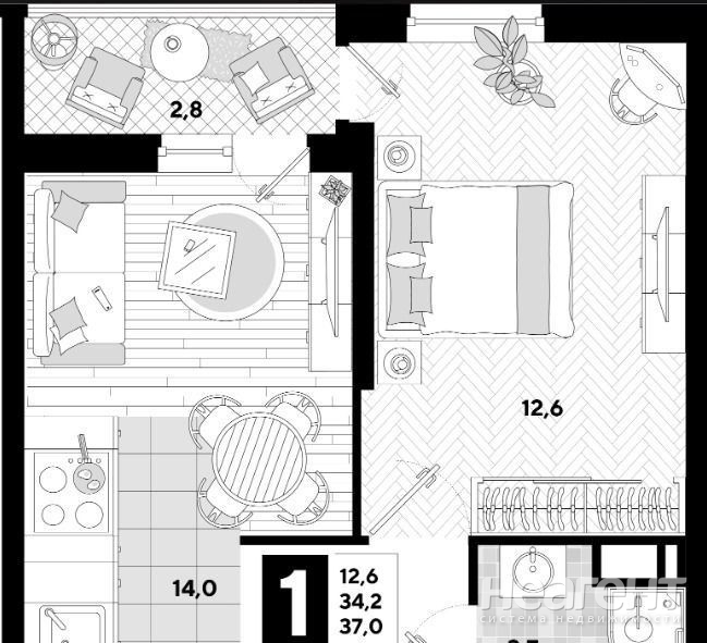 Продается 1-комнатная квартира, 34,1 м²