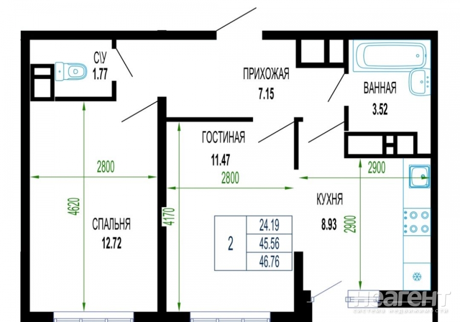 Продается 2-х комнатная квартира, 46,76 м²