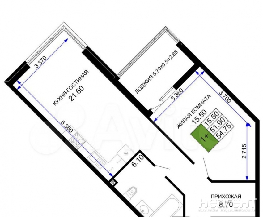 Продается 1-комнатная квартира, 59 м²