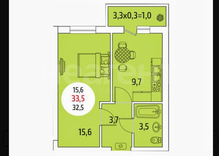 Продается 1-комнатная квартира, 32,1 м²