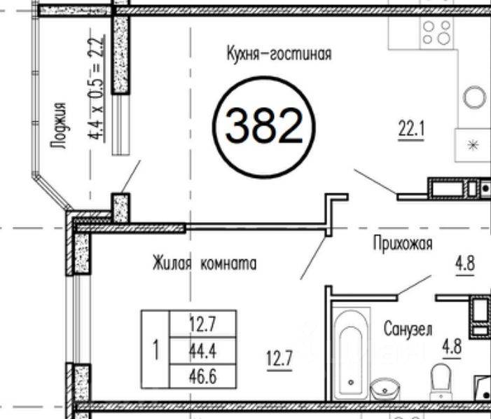 Продается 1-комнатная квартира, 46,6 м²