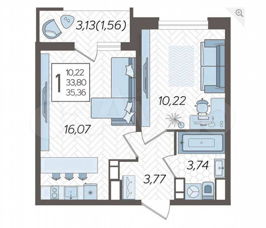 Продается 1-комнатная квартира, 36,9 м²