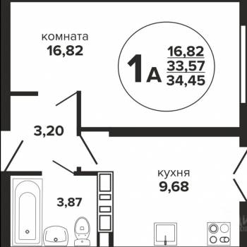 Продается 1-комнатная квартира, 34,45 м²
