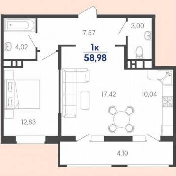 Продается 1-комнатная квартира, 58,9 м²