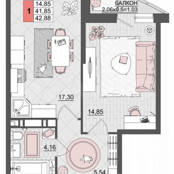 Продается 1-комнатная квартира, 42,9 м²