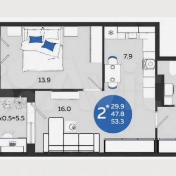 Продается 2-х комнатная квартира, 54 м²