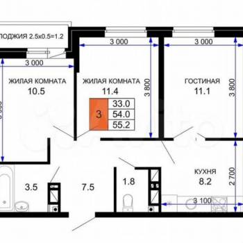 Продается 3-х комнатная квартира, 54 м²