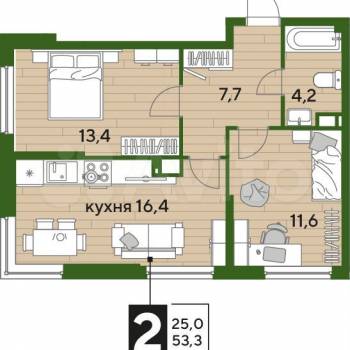 Продается 2-х комнатная квартира, 53,3 м²