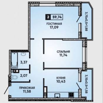 Продается 2-х комнатная квартира, 59,7 м²