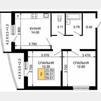 Продается 2-х комнатная квартира, 60 м²