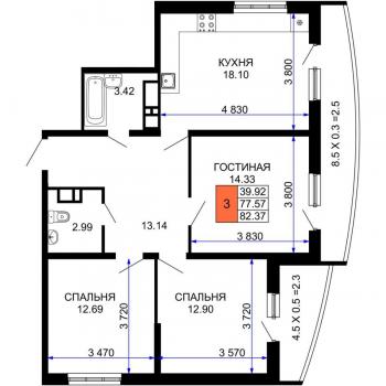 Продается 3-х комнатная квартира, 82 м²